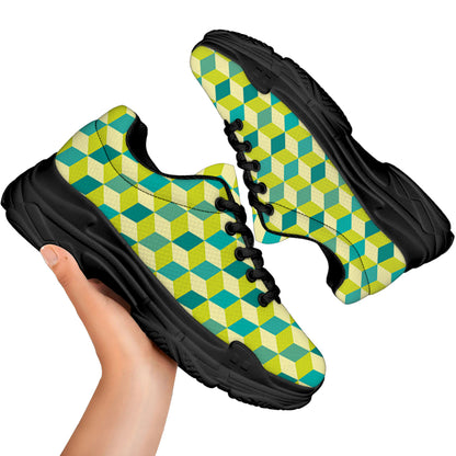 Green Geometric Cube Shape Pattern Print Black Chunky Shoes