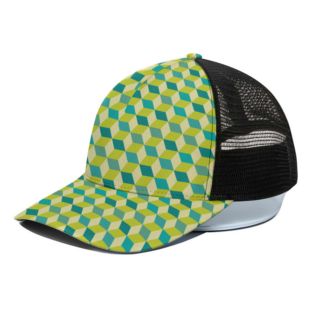 Green Geometric Cube Shape Pattern Print Black Mesh Trucker Cap