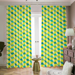 Green Geometric Cube Shape Pattern Print Blackout Pencil Pleat Curtains