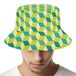 Green Geometric Cube Shape Pattern Print Bucket Hat
