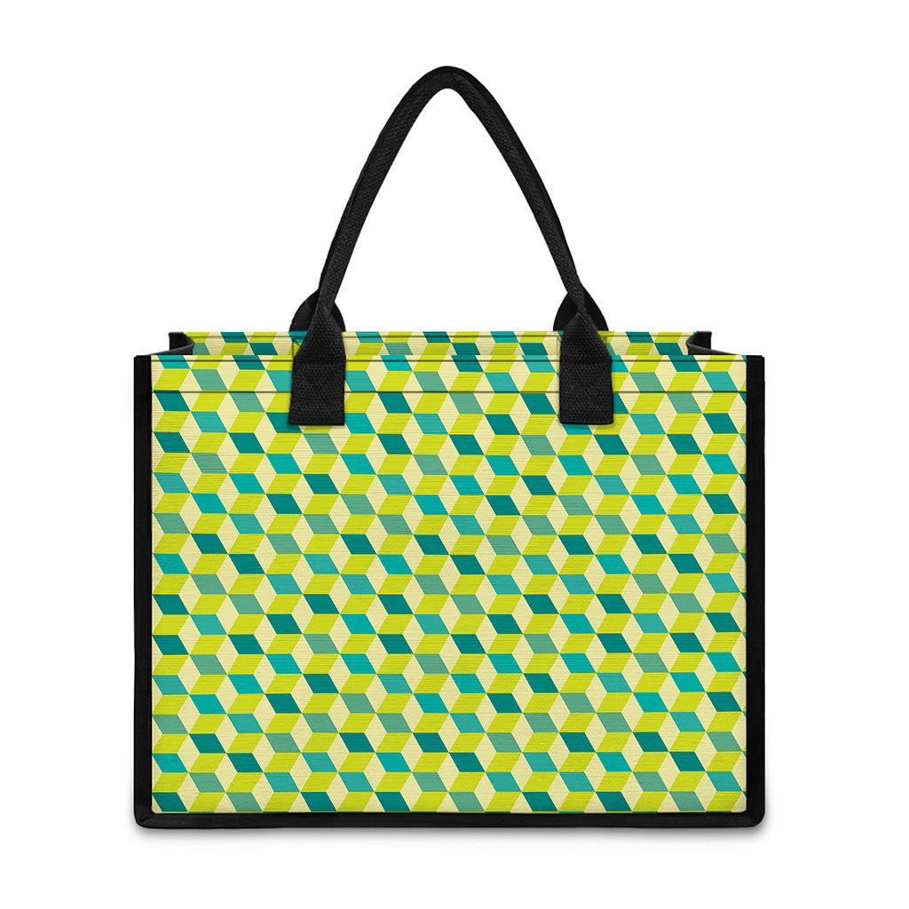 Green Geometric Cube Shape Pattern Print Canvas Tote Bag