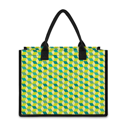 Green Geometric Cube Shape Pattern Print Canvas Tote Bag