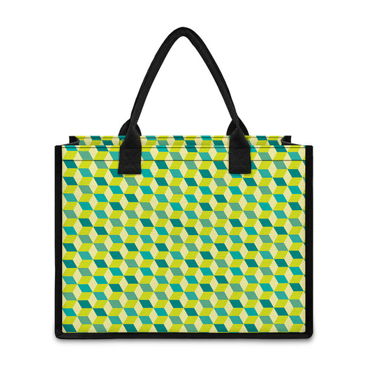 Green Geometric Cube Shape Pattern Print Canvas Tote Bag