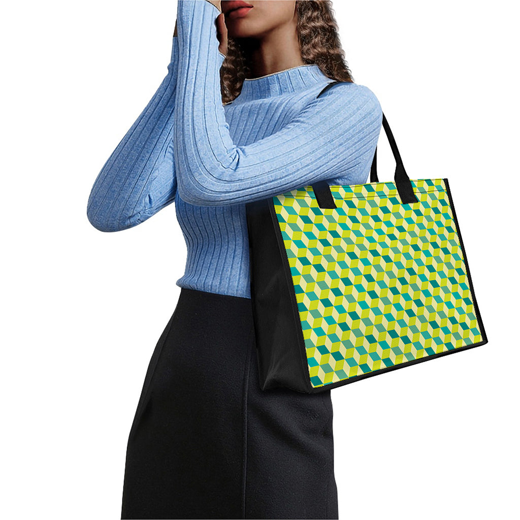 Green Geometric Cube Shape Pattern Print Canvas Tote Bag