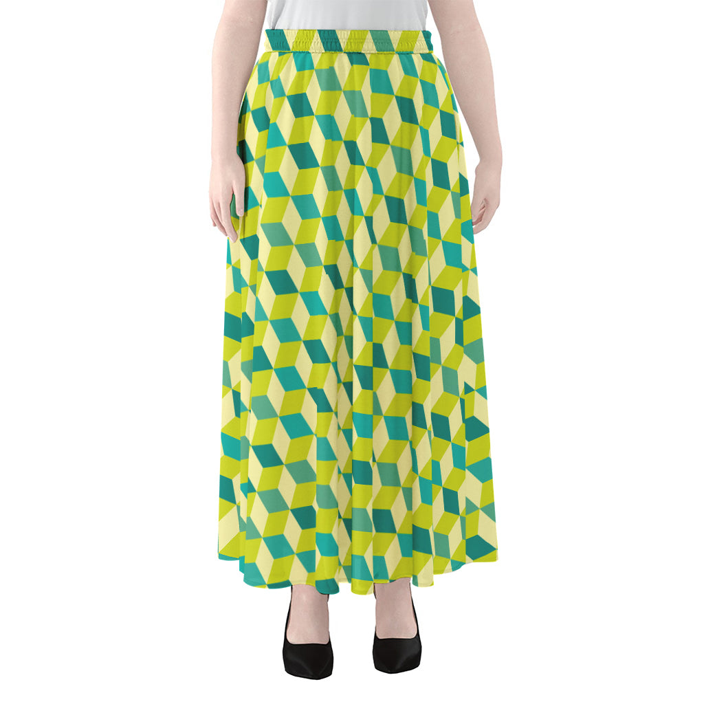 Green Geometric Cube Shape Pattern Print Chiffon Maxi Skirt