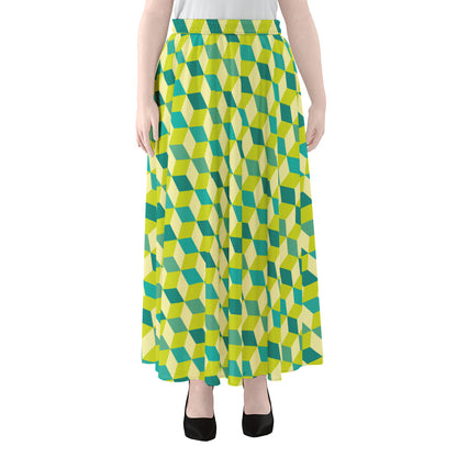 Green Geometric Cube Shape Pattern Print Chiffon Maxi Skirt