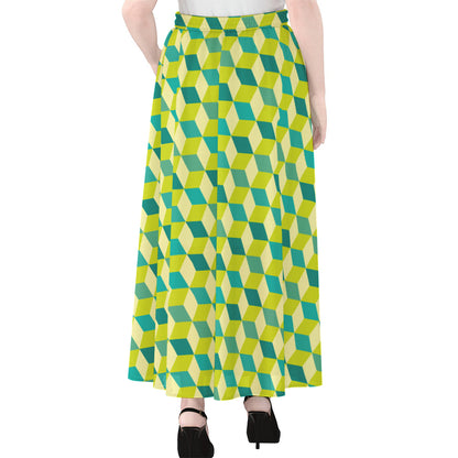 Green Geometric Cube Shape Pattern Print Chiffon Maxi Skirt