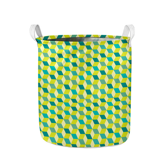 Green Geometric Cube Shape Pattern Print Collapsible Laundry Basket