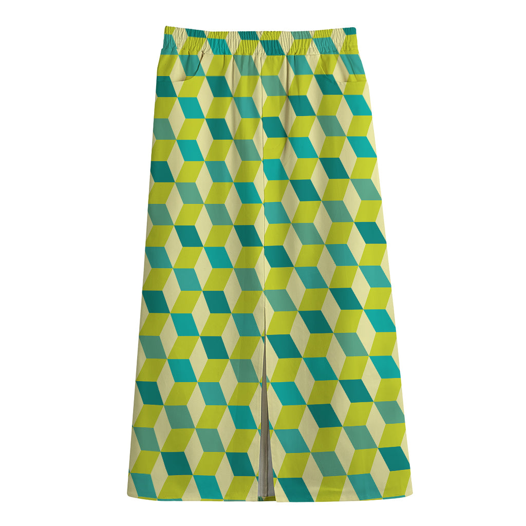 Green Geometric Cube Shape Pattern Print Cotton Front Slit Maxi Skirt