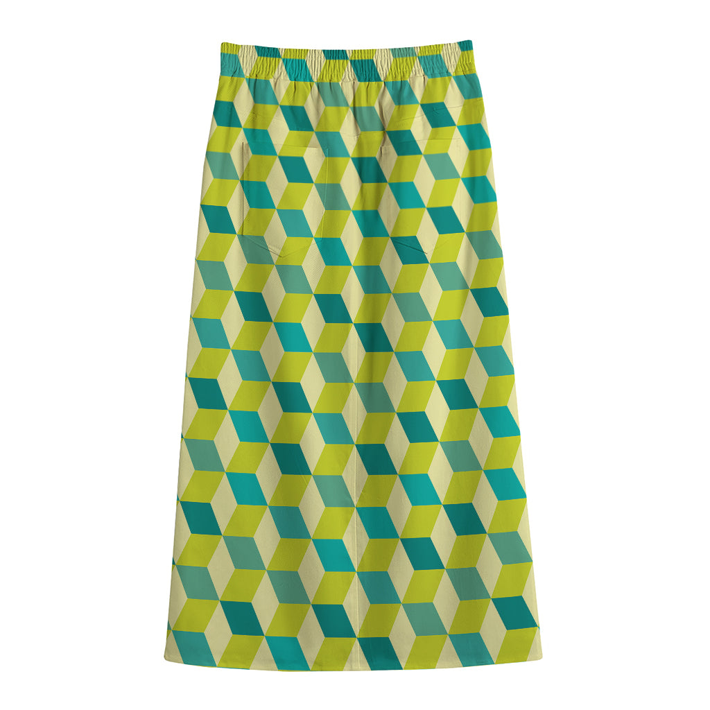 Green Geometric Cube Shape Pattern Print Cotton Front Slit Maxi Skirt