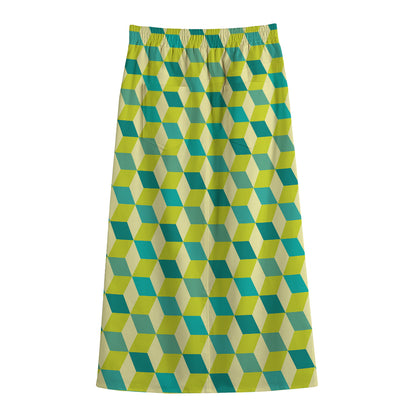 Green Geometric Cube Shape Pattern Print Cotton Front Slit Maxi Skirt