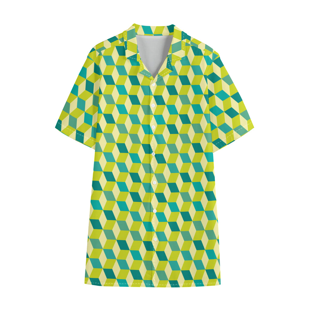 Green Geometric Cube Shape Pattern Print Cotton Hawaiian Shirt