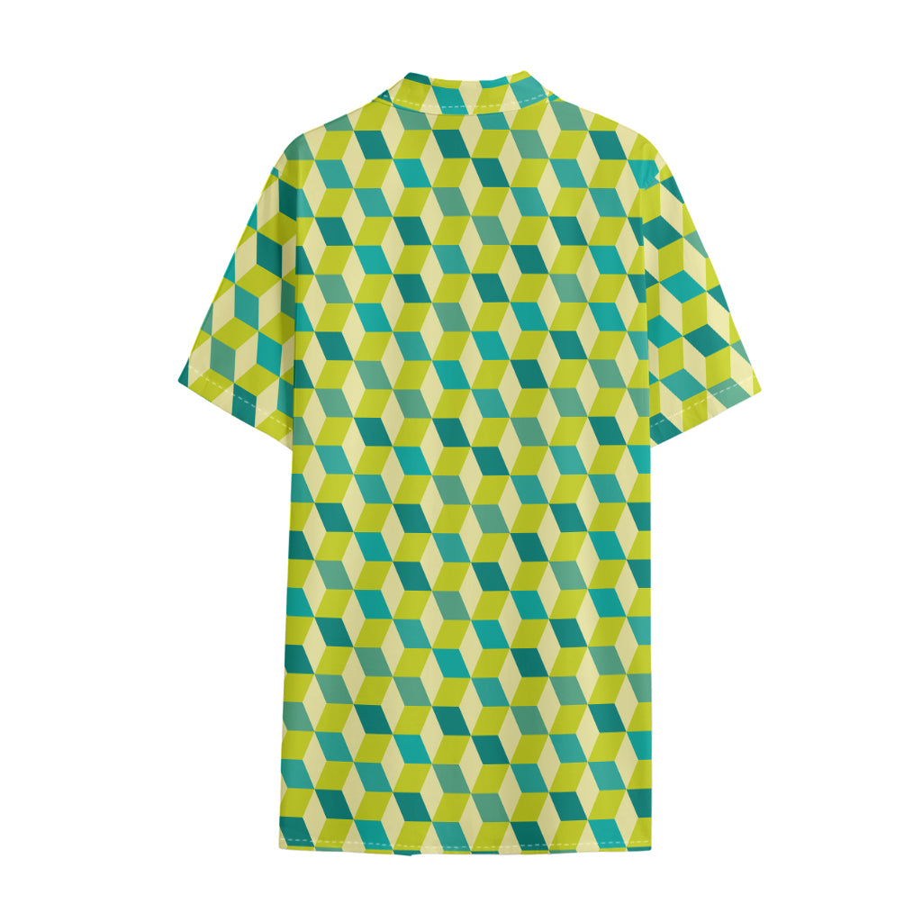 Green Geometric Cube Shape Pattern Print Cotton Hawaiian Shirt