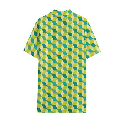 Green Geometric Cube Shape Pattern Print Cotton Hawaiian Shirt