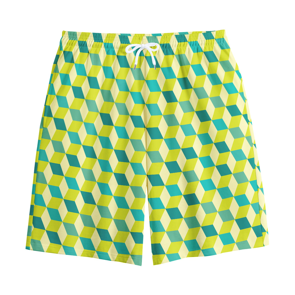 Green Geometric Cube Shape Pattern Print Cotton Shorts