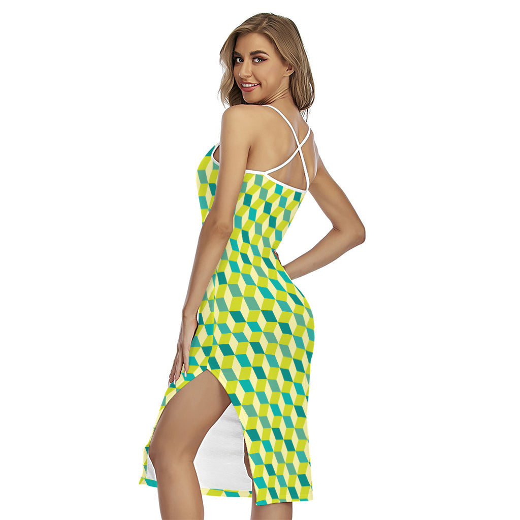Green Geometric Cube Shape Pattern Print Cross Back Cami Dress