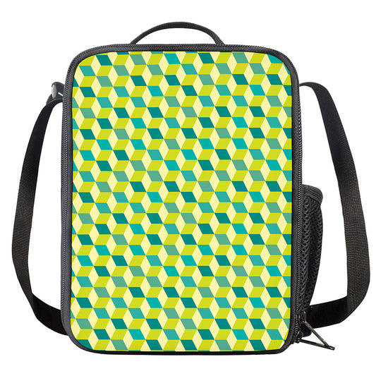 Green Geometric Cube Shape Pattern Print Crossbody Lunch Bag