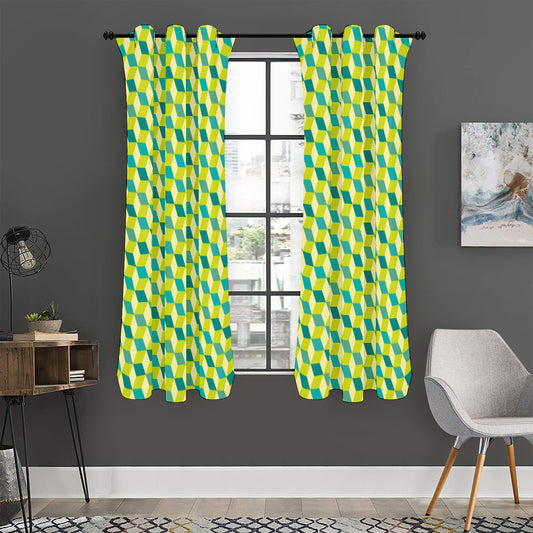 Green Geometric Cube Shape Pattern Print Curtain