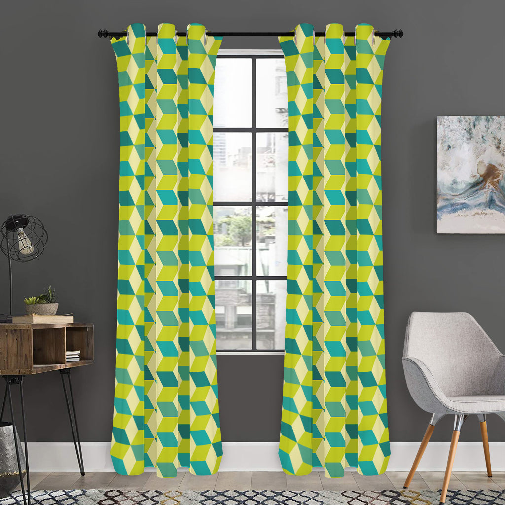 Green Geometric Cube Shape Pattern Print Curtain