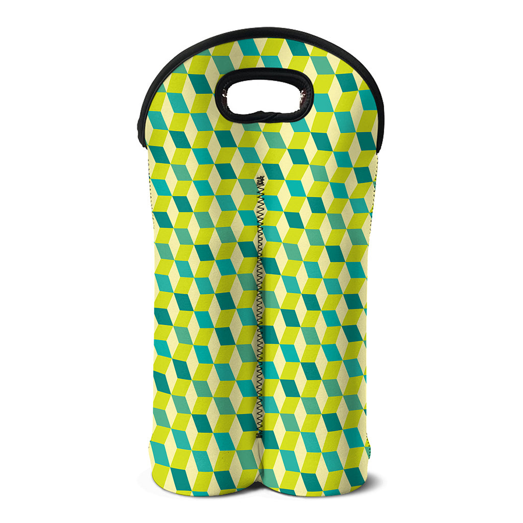 Green Geometric Cube Shape Pattern Print Double Neoprene Wine Tote