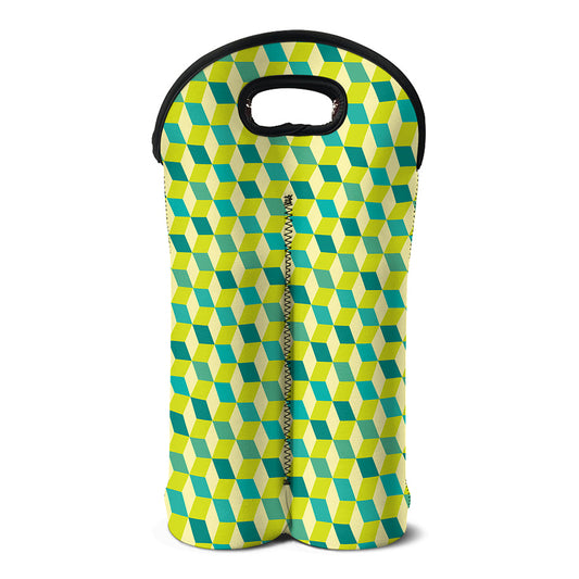 Green Geometric Cube Shape Pattern Print Double Neoprene Wine Tote