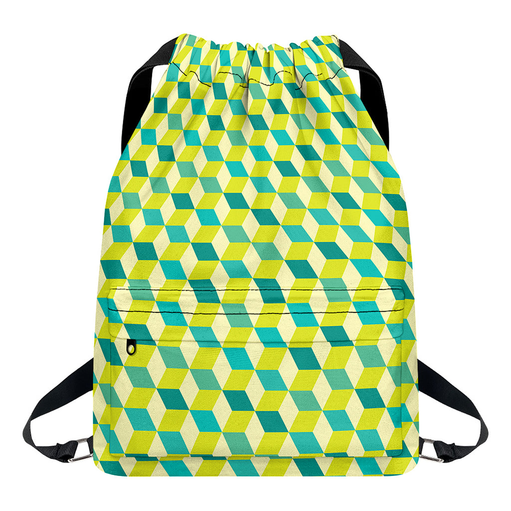 Green Geometric Cube Shape Pattern Print Drawstring Backpack