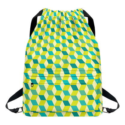 Green Geometric Cube Shape Pattern Print Drawstring Backpack