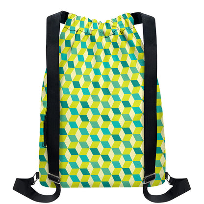 Green Geometric Cube Shape Pattern Print Drawstring Backpack