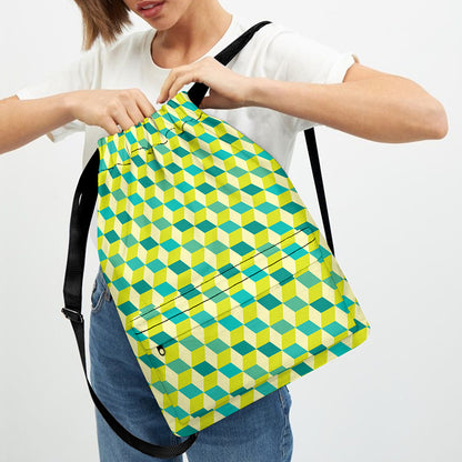 Green Geometric Cube Shape Pattern Print Drawstring Backpack