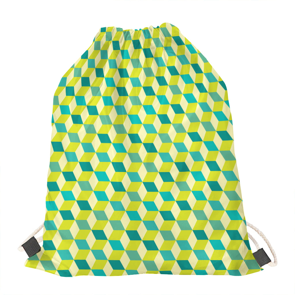 Green Geometric Cube Shape Pattern Print Drawstring Bag