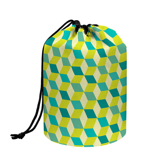 Green Geometric Cube Shape Pattern Print Drawstring Makeup Bag