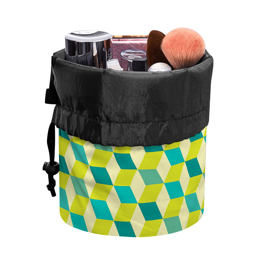 Green Geometric Cube Shape Pattern Print Drawstring Makeup Bag