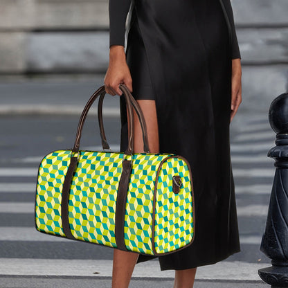 Green Geometric Cube Shape Pattern Print Duffle Bag