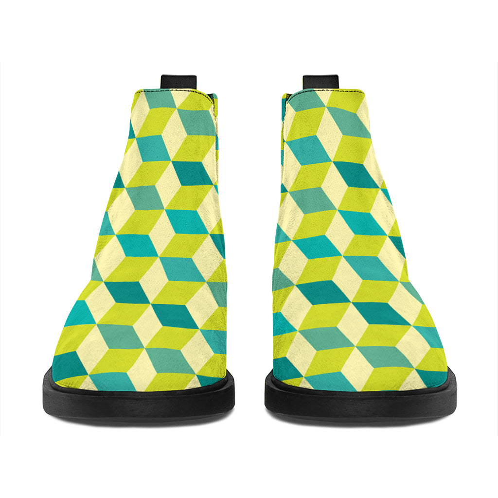 Green Geometric Cube Shape Pattern Print Flat Ankle Boots
