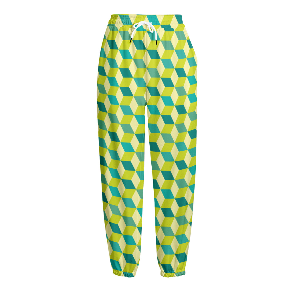 Green Geometric Cube Shape Pattern Print Fleece Lined Knit Pants