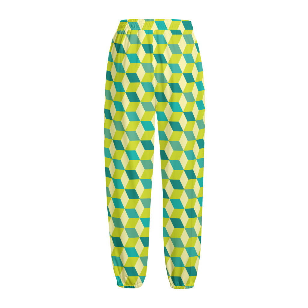 Green Geometric Cube Shape Pattern Print Fleece Lined Knit Pants