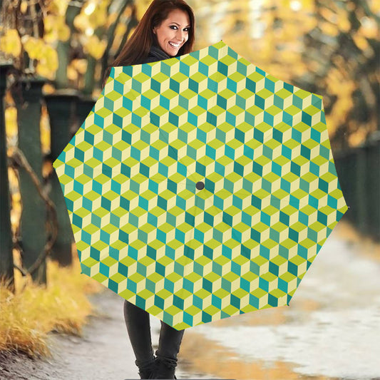 Green Geometric Cube Shape Pattern Print Foldable Umbrella
