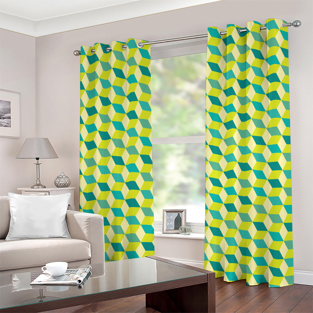 Green Geometric Cube Shape Pattern Print Grommet Curtains