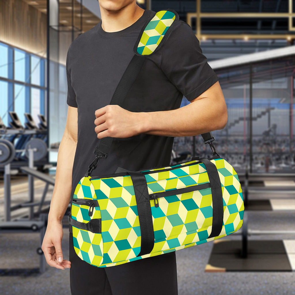 Green Geometric Cube Shape Pattern Print Gym Bag
