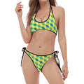 Green Geometric Cube Shape Pattern Print Halter Scoop Tie Side Bikini