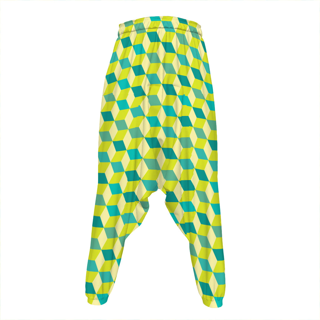 Green Geometric Cube Shape Pattern Print Hammer Pants