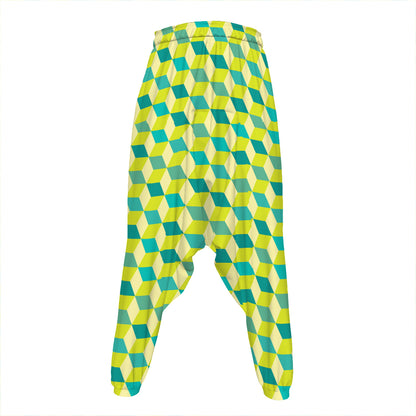 Green Geometric Cube Shape Pattern Print Hammer Pants