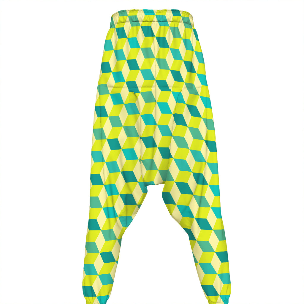 Green Geometric Cube Shape Pattern Print Hammer Pants