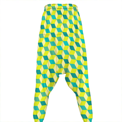 Green Geometric Cube Shape Pattern Print Hammer Pants