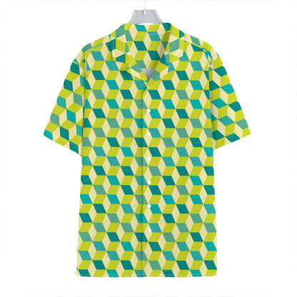 Green Geometric Cube Shape Pattern Print Hawaiian Shirt