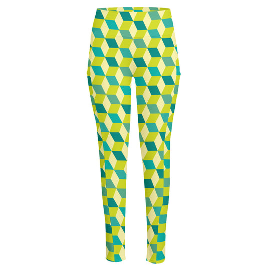 Green Geometric Cube Shape Pattern Print High-Waisted Pocket Leggings