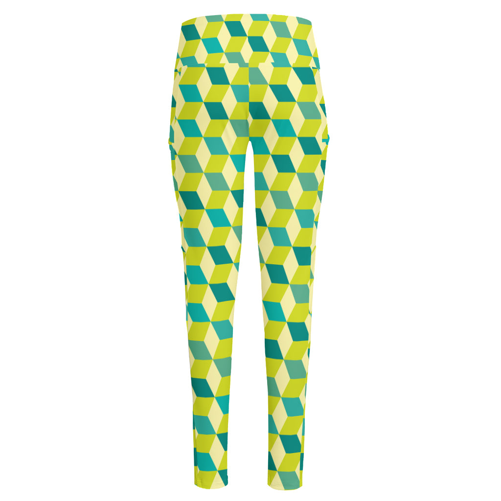 Green Geometric Cube Shape Pattern Print High-Waisted Pocket Leggings