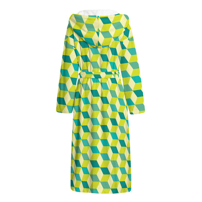 Green Geometric Cube Shape Pattern Print Hooded Bathrobe