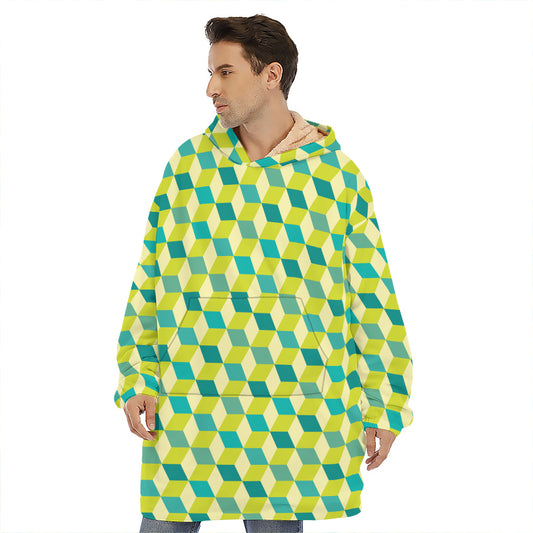 Green Geometric Cube Shape Pattern Print Hoodie Blanket