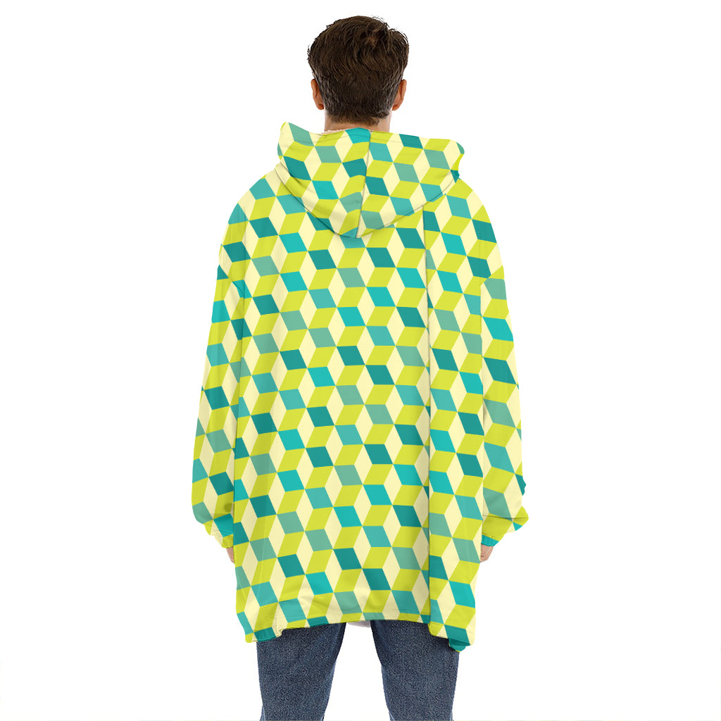 Green Geometric Cube Shape Pattern Print Hoodie Blanket